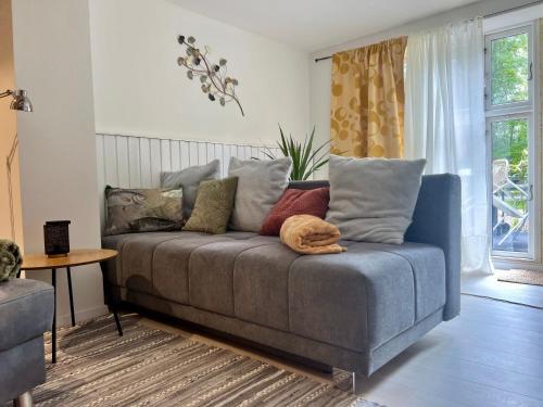 a couch with many pillows on it in a living room at Wiesenau Apartments by Restaurant WIESENAU in Prerow