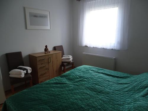 a bedroom with a green bed and a window at Haus Dr Beirergasse in Wiener Neustadt