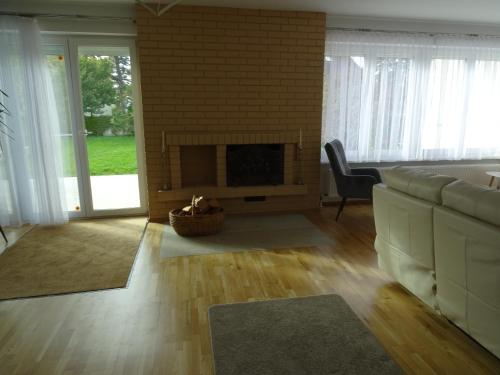 a living room with a couch and a fireplace at Haus Dr Beirergasse in Wiener Neustadt