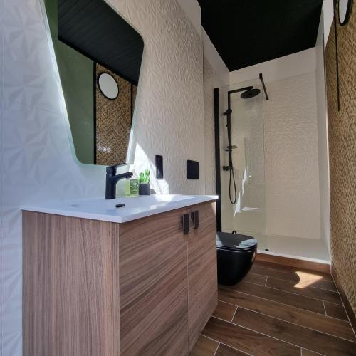 une salle de bain avec un lavabo, une douche et des toilettes dans l'établissement La bulle carrée village, à Lapalme