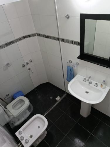 a bathroom with a sink and a toilet and a mirror at Virginia hotel in La Quiaca