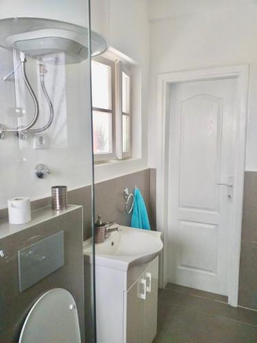 a bathroom with a sink and a toilet and a door at Lemon tree villa in Kotor