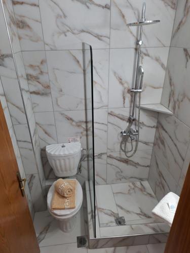 a bathroom with a toilet and a glass shower at 85 sqm Apartments New Panorama ELECTRIC CAR ΦΩΡΤΗΣΗΣ STATION in Paralion astros