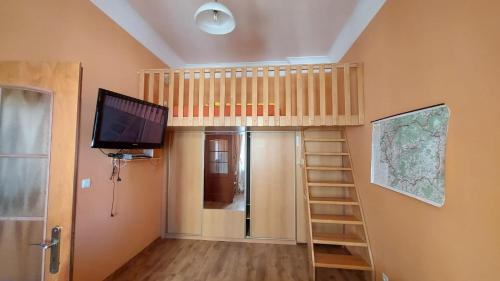 a room with a loft bed with a tv and a staircase at Apartment Ferdinand in Karlovy Vary