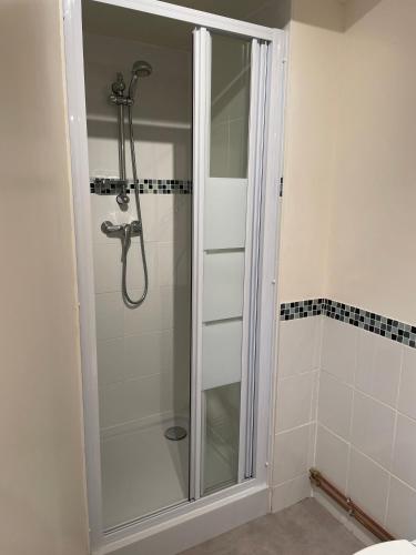 une douche avec une porte vitrée dans une salle de bain dans l'établissement APPARTEMENTS DE CHARME dans quartier médiéval, à Domfront