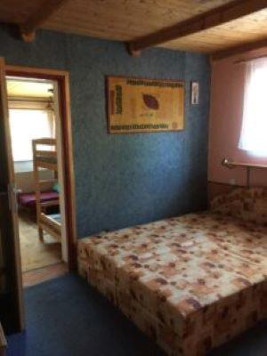 a bedroom with a bed against a blue wall at Horská chata LADA in Loučná pod Klínovcem