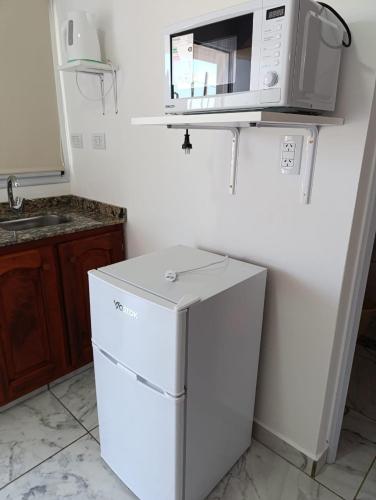 a kitchen with a white refrigerator and a microwave at Alojamiento colibrí in La Porteña
