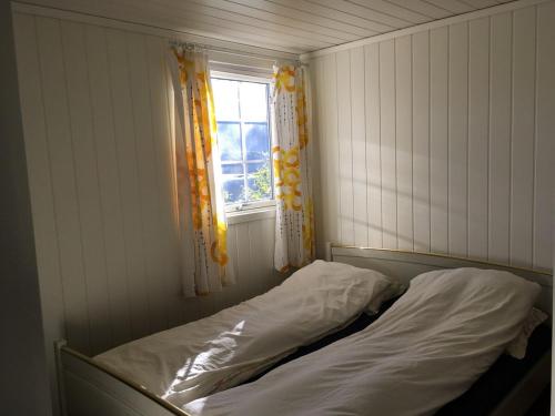 Una cama en una habitación pequeña con ventana. en Sinesøyni in Byglandsfjord - Evje, en Bygland