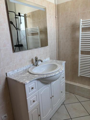 une salle de bain avec un lavabo blanc et un miroir dans l'établissement Les rosiers, à Péré