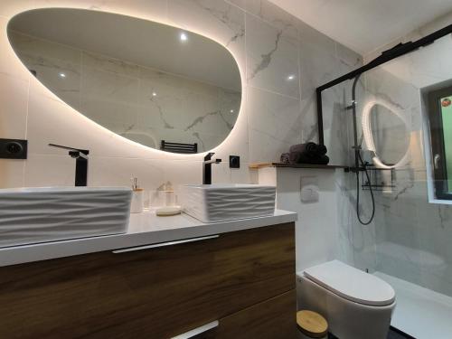 La salle de bains est pourvue de toilettes et d'un grand miroir. dans l'établissement villa Mia Minervois, à Olonzac