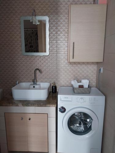 a small bathroom with a washing machine and a sink at Elena's country house in Lixouri