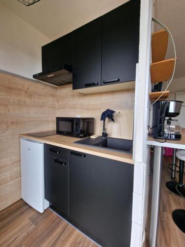 une cuisine avec un évier et un micro-ondes dans l'établissement studio climatisé avec parking, à Canet