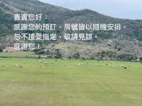 a herd of animals in a field with writing on a hill at Island on the Sea in Kenting