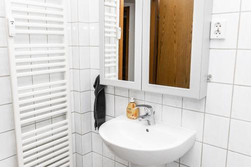 Un baño blanco con lavabo y espejo. en CosyHomes24 - Centrally with balcony and parking space - MH06, en Mülheim an der Ruhr