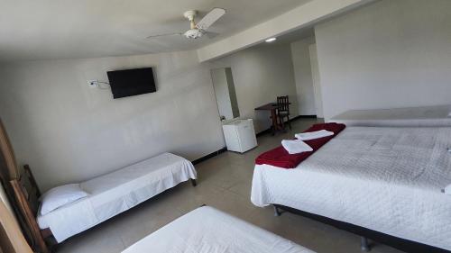 a bedroom with two beds and a tv on the wall at HOTEL ESTAÇÃO in Diamantina