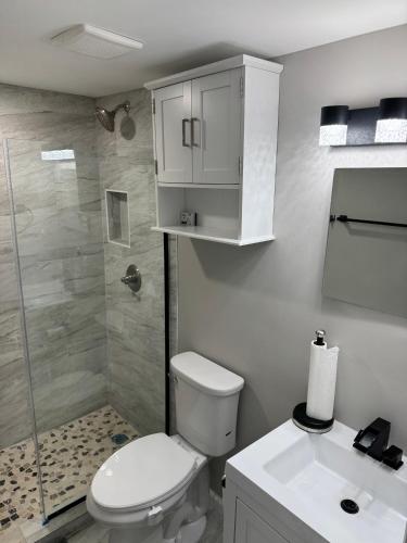 a bathroom with a toilet and a shower and a sink at Mae's Place in Savannah