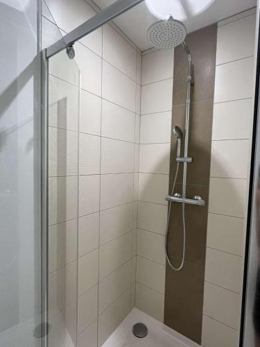 une douche avec une porte vitrée dans une salle de bain dans l'établissement Gîte du Roc 1, à Les Portes du Coglais