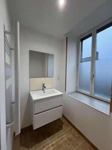 une salle de bain blanche avec un lavabo et une fenêtre dans l'établissement Gîte du Roc 2, à Les Portes du Coglais