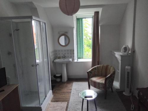 La salle de bains est pourvue d'une douche, d'un lavabo et d'une chaise. dans l'établissement vintage room, à Châteauroux