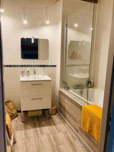 une salle de bain avec un lavabo et une douche dans l'établissement Village apartment with character, à Saint-Hippolyte