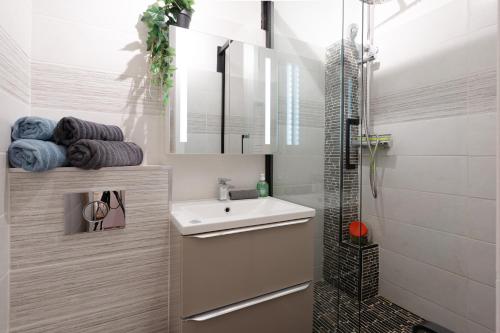 une salle de bain avec un lavabo et une douche dans l'établissement Les Embruns - studio cosy plage & centre - dog friendly, à Villers-sur-Mer