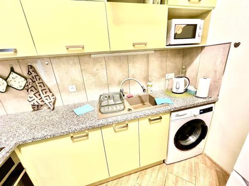 a kitchen with a sink and a washing machine at Oasis Valley in Karlovy Vary
