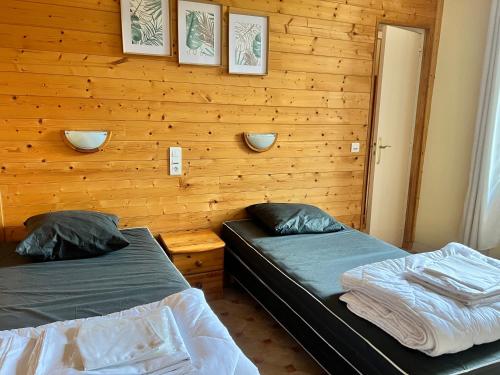 two beds in a room with wooden walls at Résidence Les Dômes in Murol