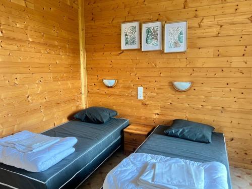 two beds in a room with wooden walls at Résidence Les Dômes in Murol
