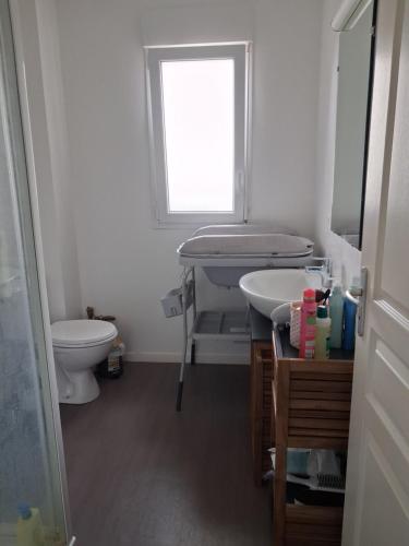 une salle de bain avec toilettes, lavabo et fenêtre dans l'établissement Maison 2 chambres proche circuit, à Changé