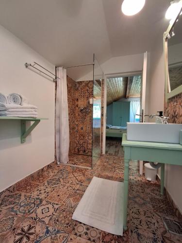 a bathroom with a sink and a glass shower at Pensiunea HAPPY in Schitu-Topolniţei