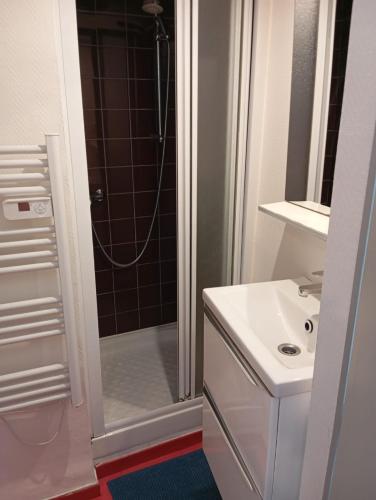 La salle de bains est pourvue d'une douche et d'un lavabo blanc. dans l'établissement Le Paradis de l'Isle, à Saint-Quentin