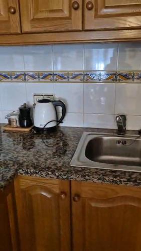a kitchen counter with a sink and a tea kettle at Can Vibru Vilallonga in Vilallonga de Ter