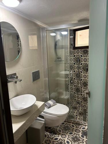 a bathroom with a toilet and a sink and a shower at House Marianthi Anthoula in Sarti