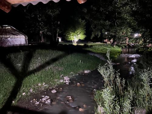 a pond in a yard at night at Jazel Guest House in Kazarman