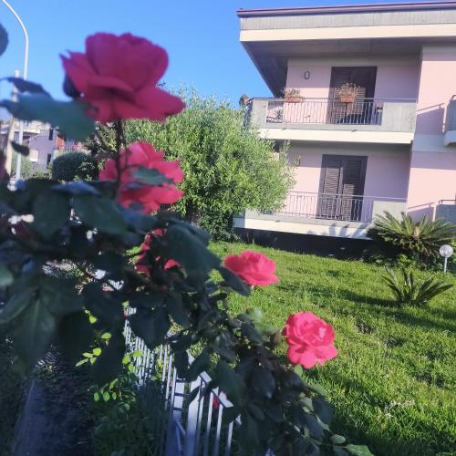 a house with red roses in front of it at aranceto dell'Etna in Mascali
