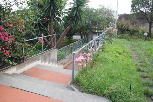 a set of stairs leading to a garden with pink flowers at aranceto dell'Etna in Mascali