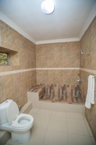 a bathroom with a shower and a toilet and a tub at One Large Room with Free Breakfast in Lubumbashi