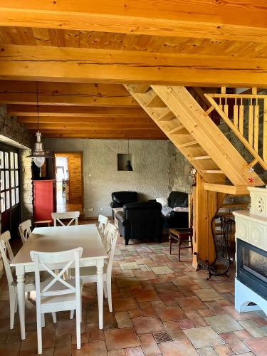a living room with a table and a fireplace at Chalupa Vale in Mohelno