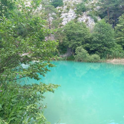 a blue pool of water with trees around it at Le pérussier in Châteauvieux