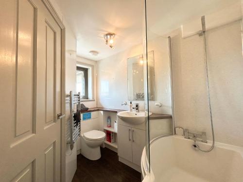 a bathroom with a tub and a toilet and a sink at West Horizon holiday Lodge in Lochinver