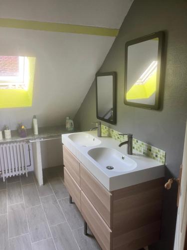 une salle de bain avec un lavabo et deux miroirs dans l'établissement Gîte de villiers, à Saint-Julien-de-Chédon