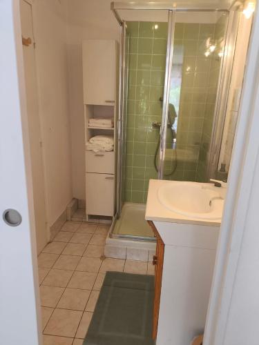 une salle de bain avec une douche et un lavabo et une douche dans l'établissement Home2Sea - Piscine, Jardin, studio cabine, 1 canapé lit convertible 2 ADULTES, 1 lit superposé triple 3 ENFANTS ou ADOS, à Vallauris