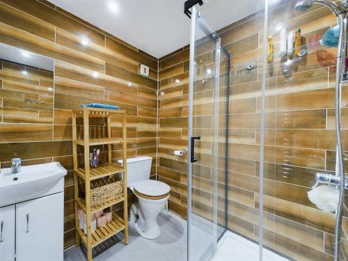 une salle de bain avec toilettes et douche dans l'établissement Studio Hart 2, aux Gets