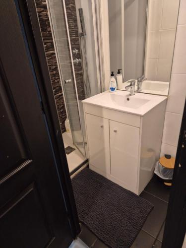 a white bathroom with a sink and a shower at L'Atelier-Appartement T2 tout confort in Saint-Gaudens