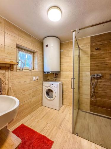 a bathroom with a washing machine and a shower at Chaloupka u Bílého potoka in Kuklík