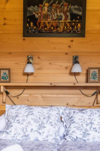 two lights on a wooden wall above a bed at Apartament z widokiem w Murzasichlu in Murzasichle