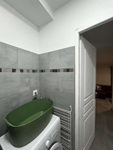 une salle de bain avec une baignoire verte au-dessus d'une machine à laver dans l'établissement appt 4 personnes tout confort 1, à La Celle-sous-Gouzon
