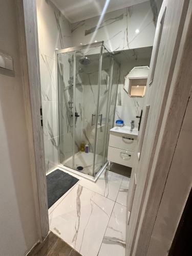 a bathroom with a glass shower and a sink at Hostel w samym Centrum Radomia ! in Radom