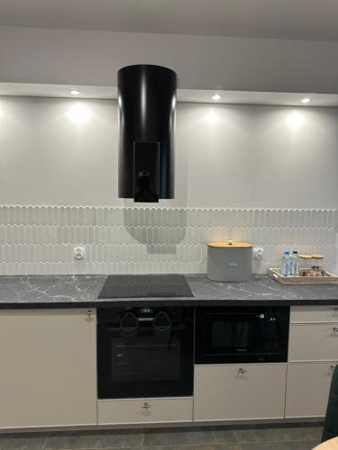 a kitchen with a stove and a counter top at Apartament Modesta Przy Aquaparku Reda in Rumia
