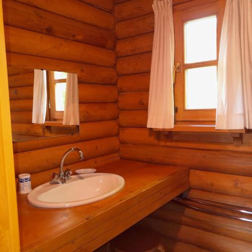 une salle de bain avec un lavabo dans une cabane en rondins dans l'établissement Chalet de montagne Las Trinquades, à Boussenac